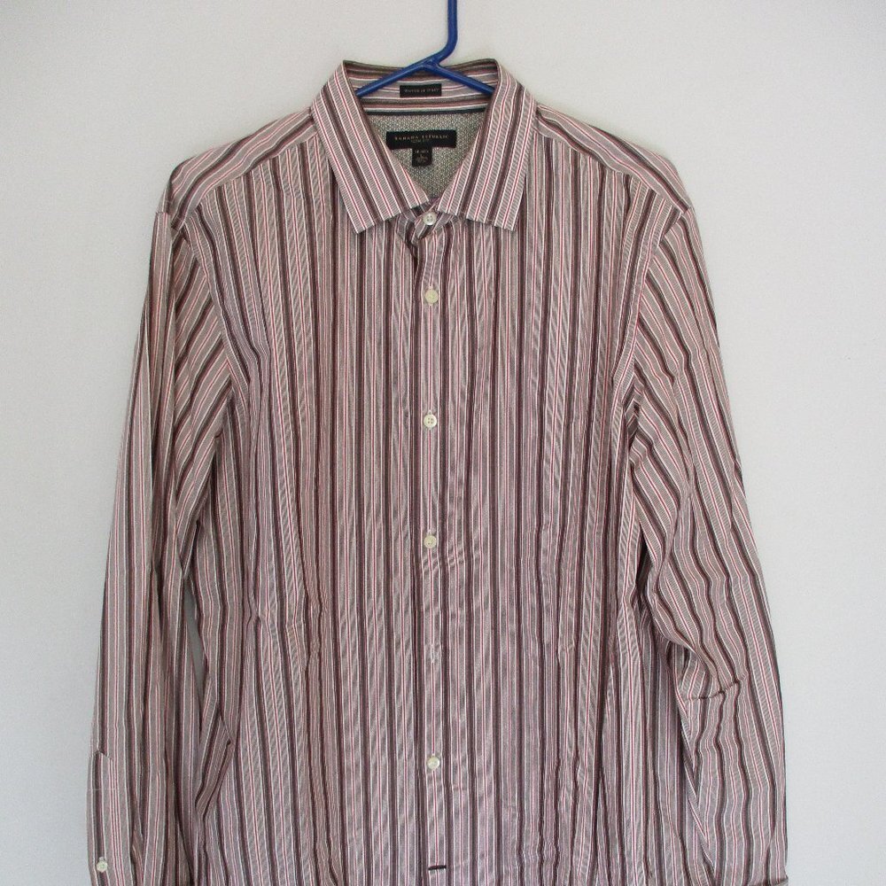 Mens Banana Republic Slim Fit Dress Shirt Striped Brown Red Size Large 16-16.5